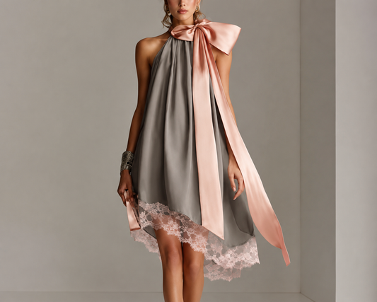 Beatrice | Minivestido gris de satén con lazo rosa y encaje